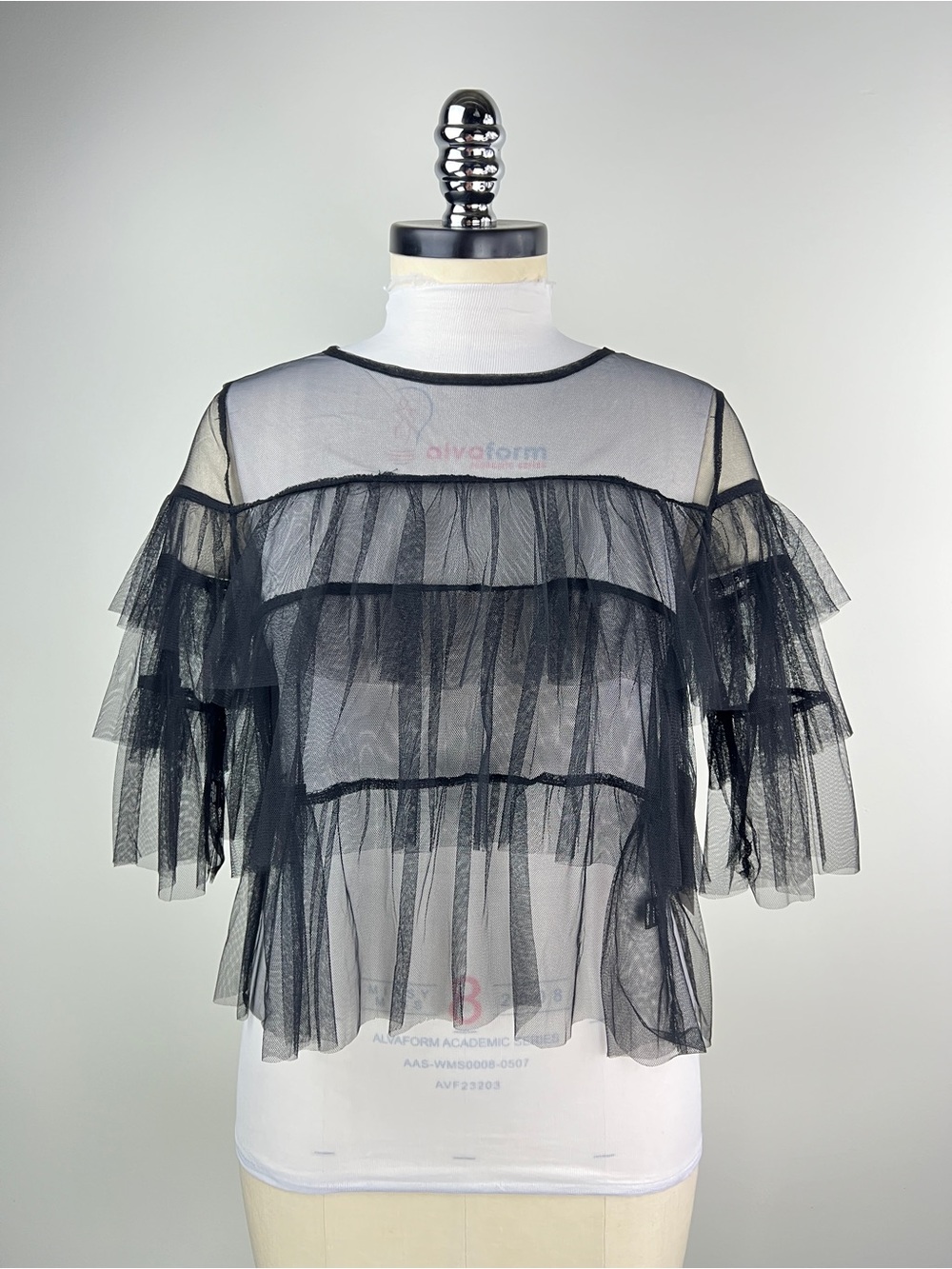 💚 3692. Sheer Black Tiered Ruffled Mesh Tulle Top